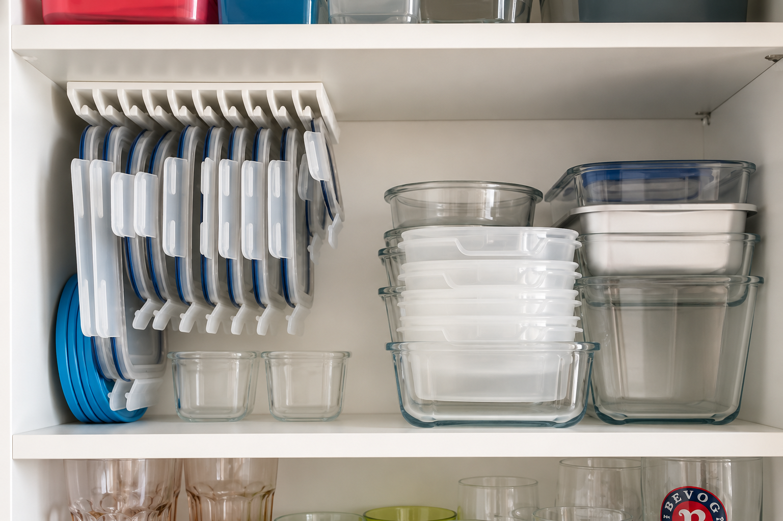 LidLoft white hanger installed holding lids in a cabinet
