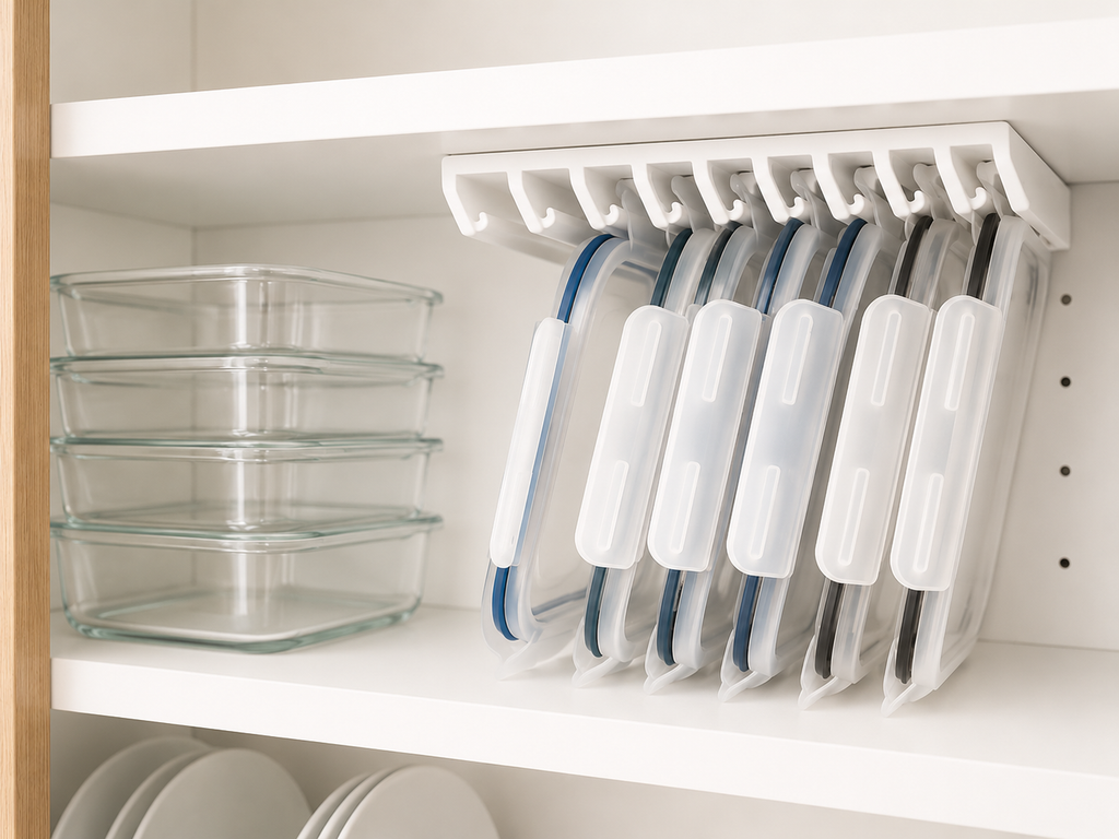 LidLoft white 10-Slot installed holding lids in a cabinet
