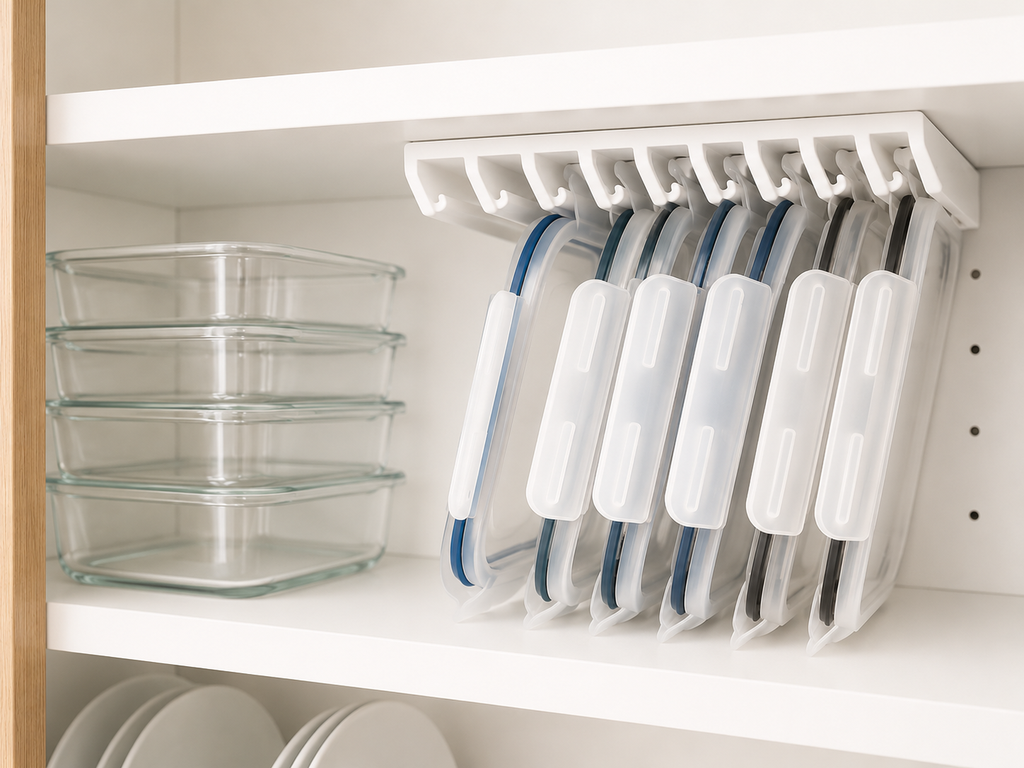 LidLoft white 10-Slot installed holding lids in a cabinet