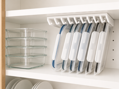 LidLoft white 10-Slot installed holding lids in a cabinet