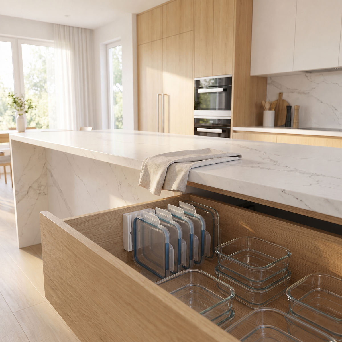 LidLoft Whole-Kitchen Set organizing lids and containers in a kitchen island drawer