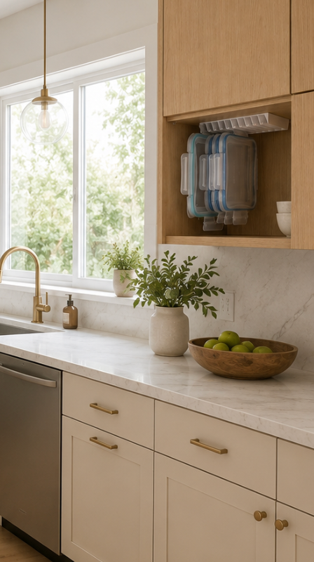 LidLoft organizer holding a stack of food-storage lids upright in an open kitchen shelf