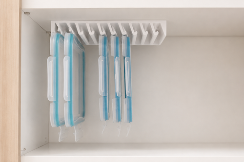 LidLoft under-shelf lid organizer mounted beneath a kitchen cabinet shelf with lids stored upright