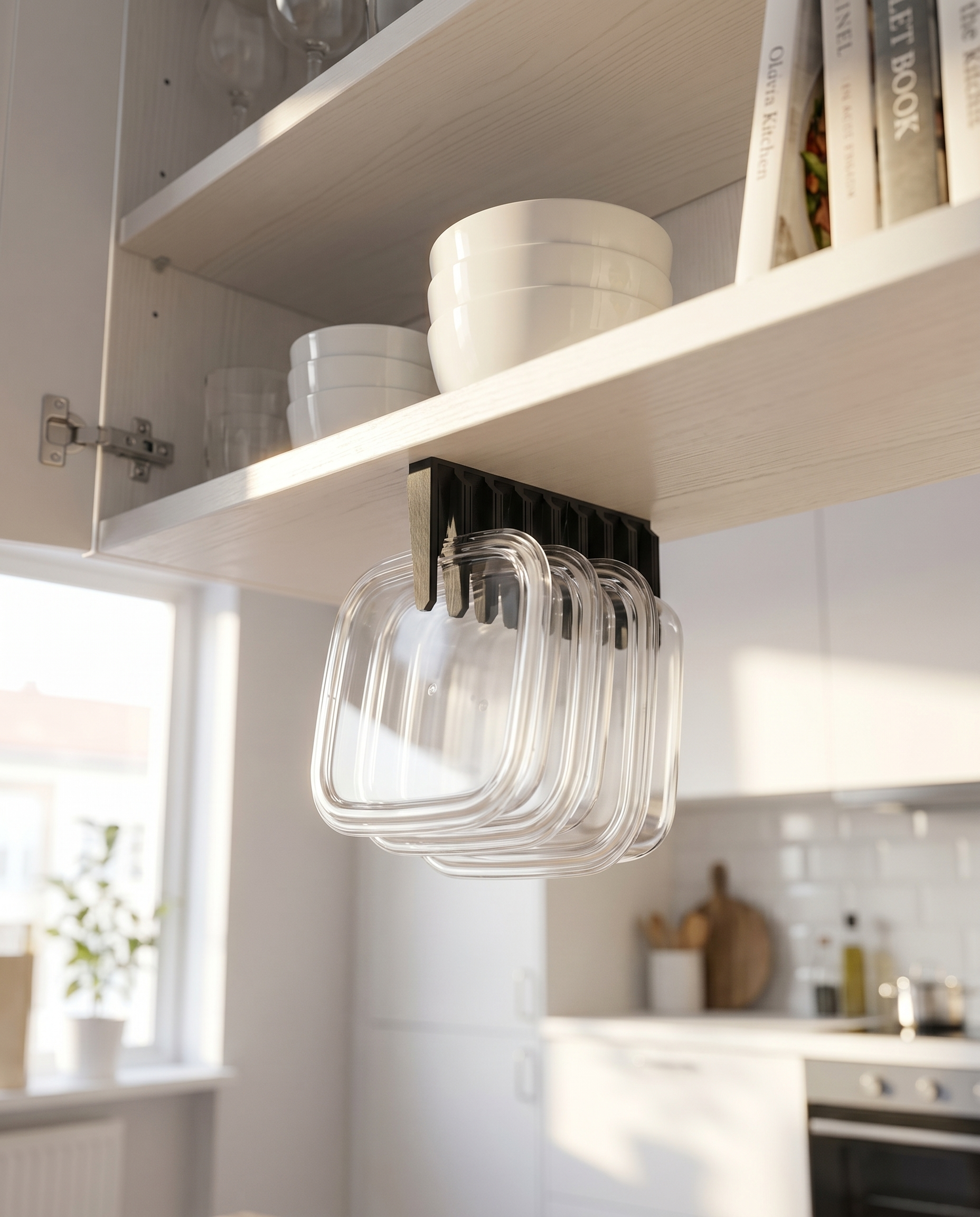 LidLoft Duo two-pack under-shelf lid hangers in a kitchen