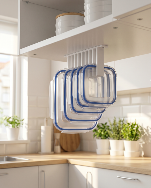 LidLoft Duo white under-shelf lid hanger in a bright kitchen