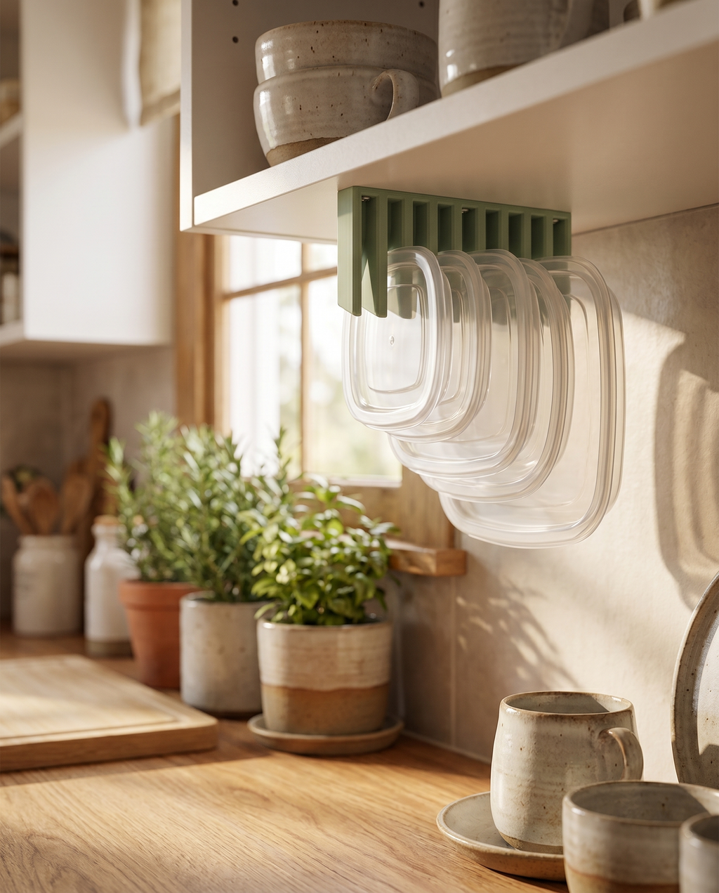 LidLoft sage under-shelf lid hanger in a cozy kitchen