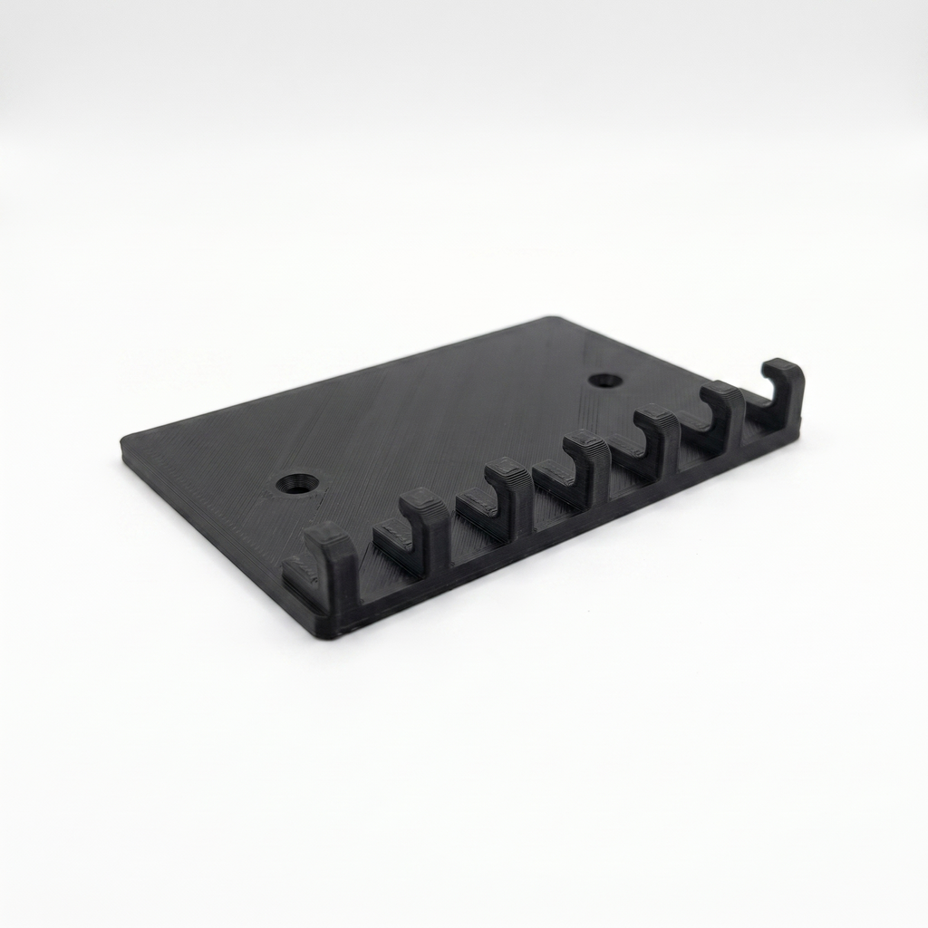 LidLoft black under-shelf lid hanger product photo on white showing seven J-hooks