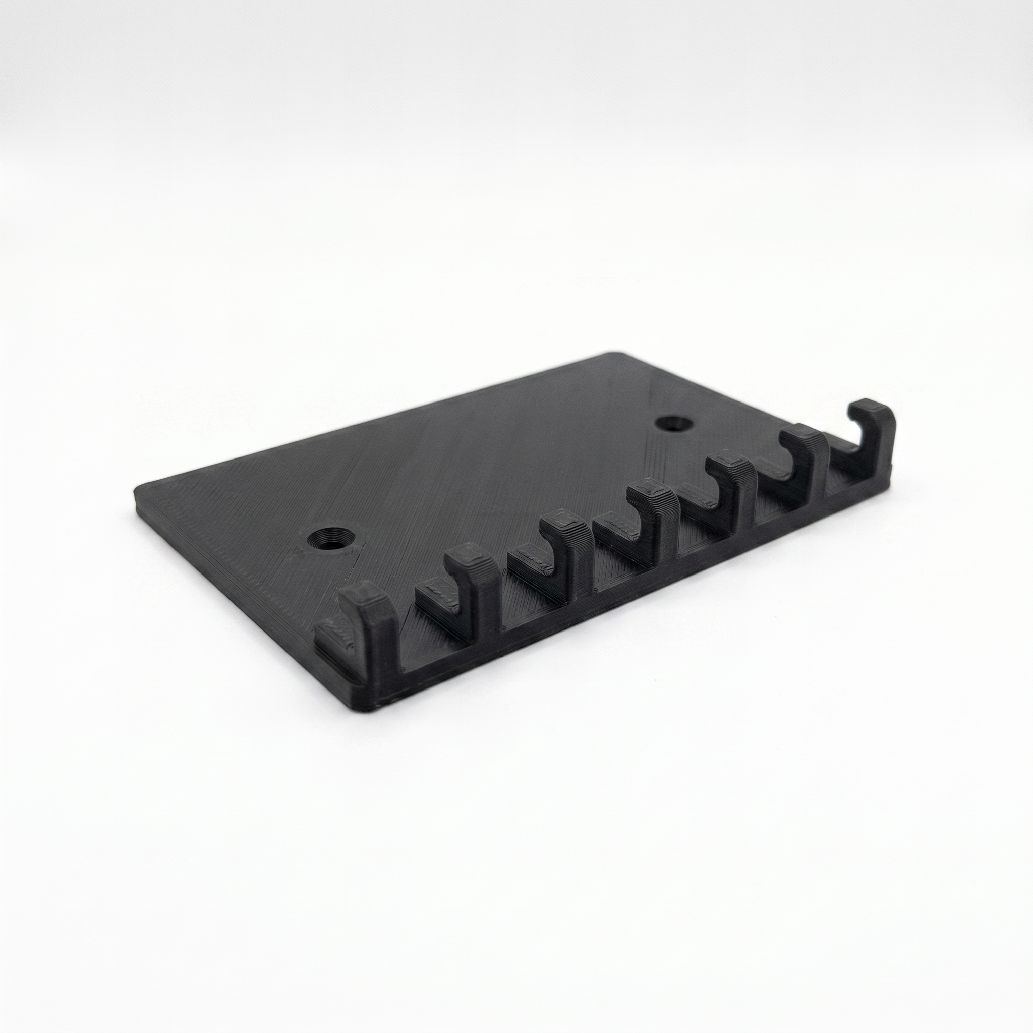 LidLoft black under-shelf lid hanger product photo on white showing seven J-hooks