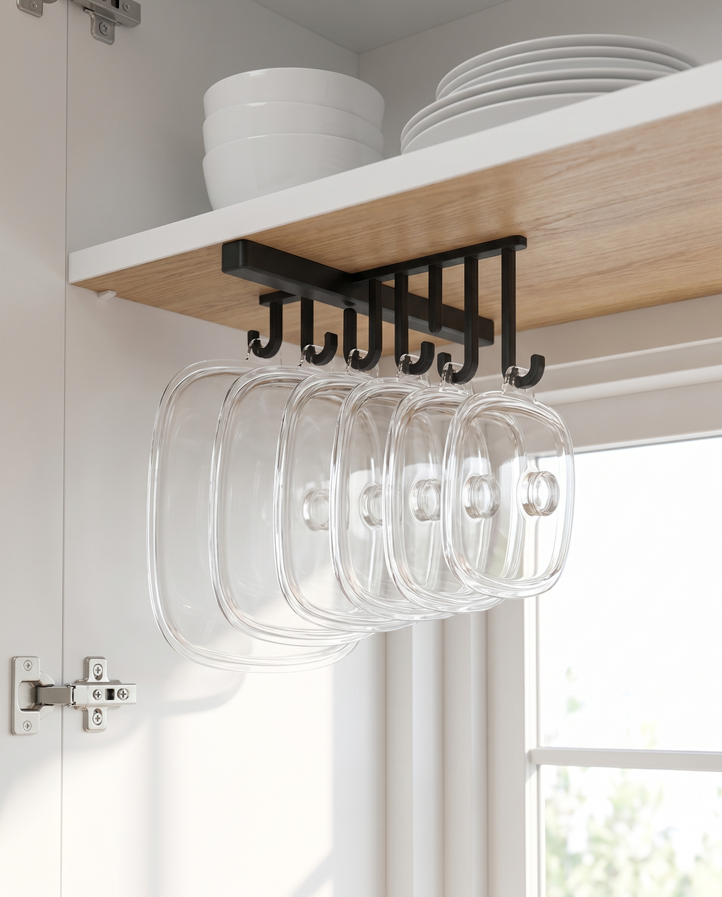 After: organized cabinet with LidLoft holding lids underneath the shelf
