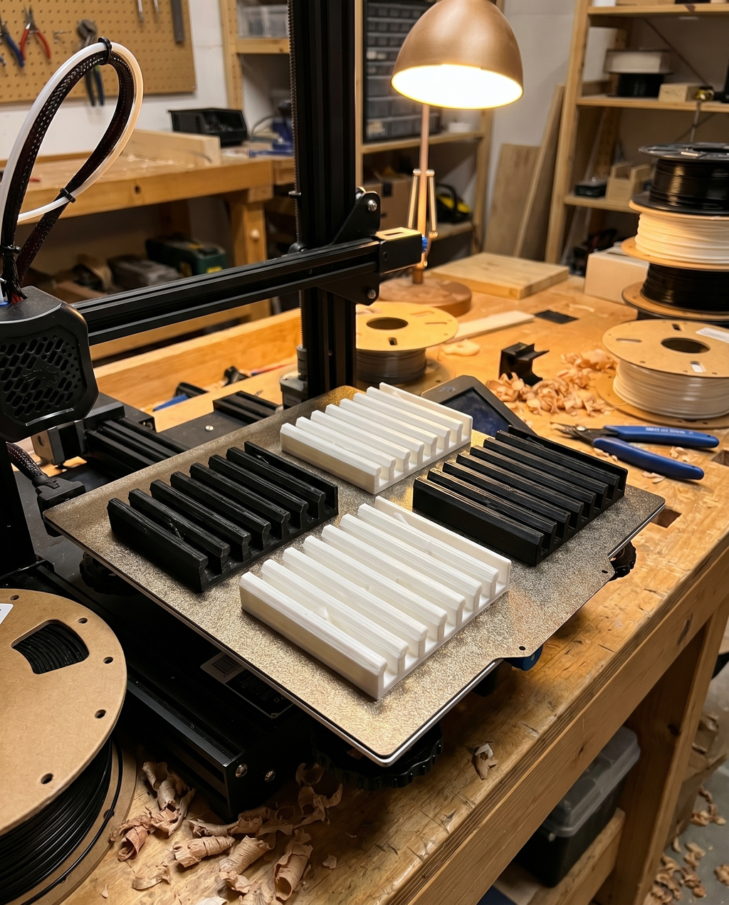LidLoft hangers freshly 3D printed in the USA, black and white on a printer bed