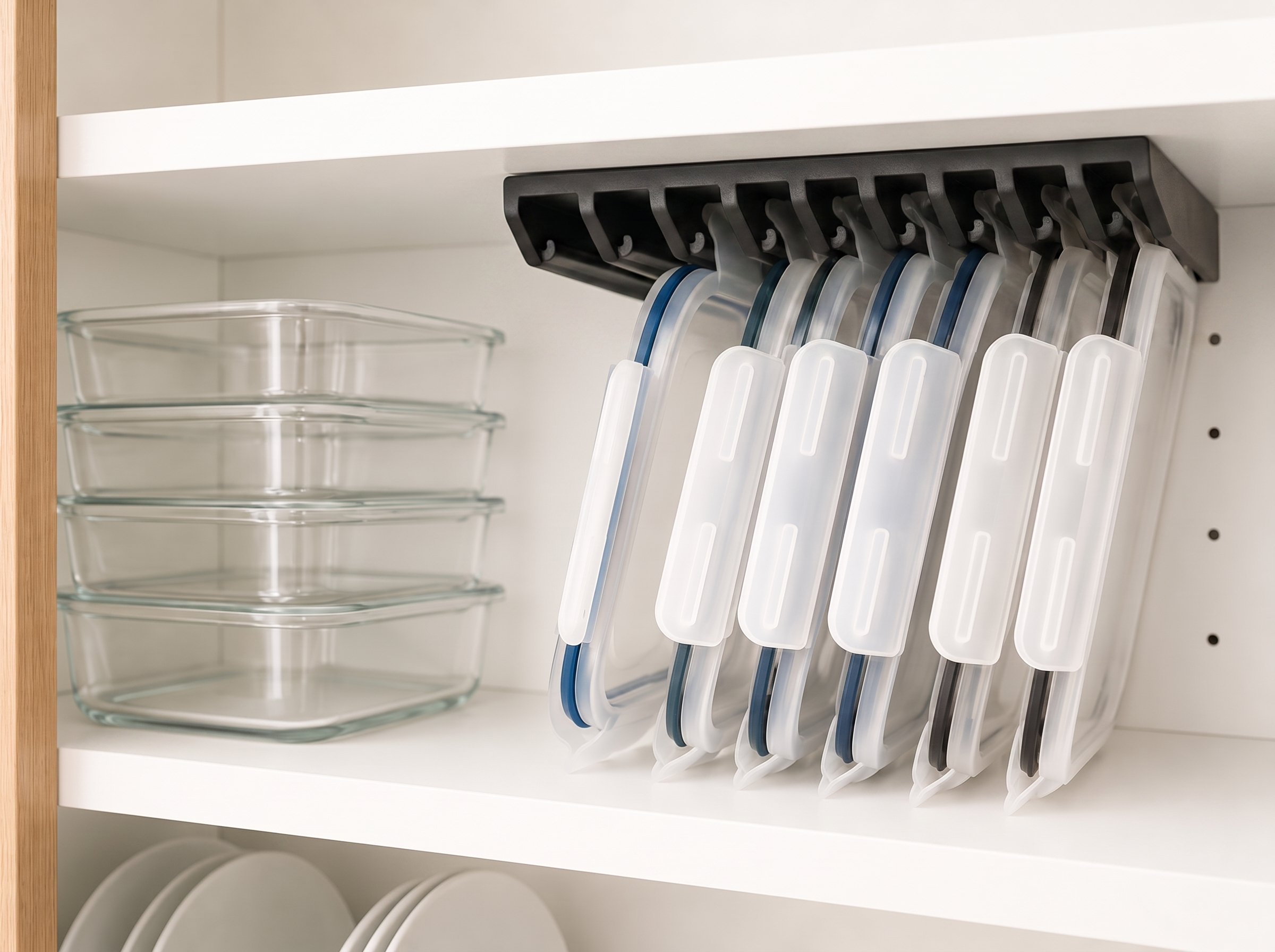 LidLoft black hanger installed holding lids in a cabinet