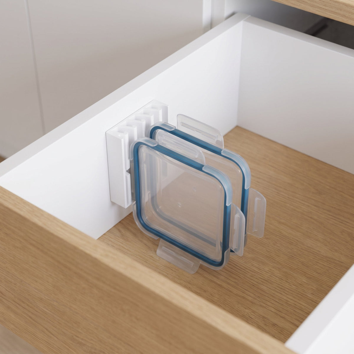 LidLoft 5-Slot lid organizer in matte white holding food-storage container lids upright