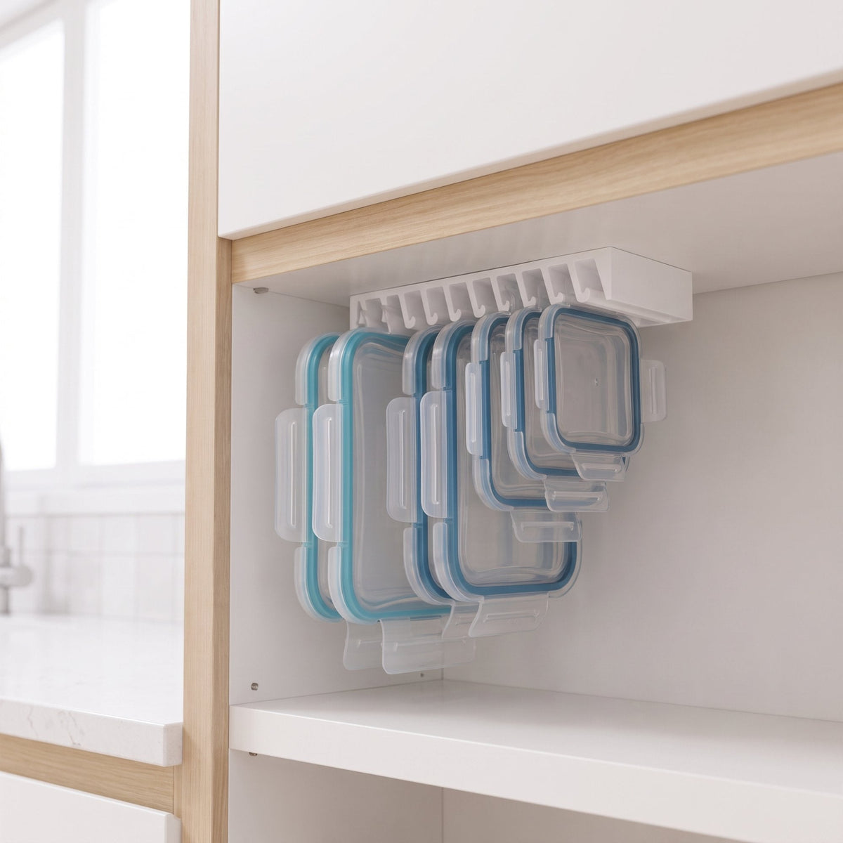 LidLoft 10-Slot lid organizer mounted under a white cabinet shelf holding a full rack of food-storage lids