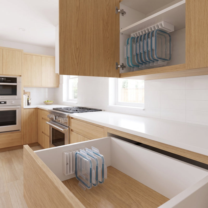 Two LidLoft 10-Slot lid organizers in use — one under an upper cabinet shelf and one in a kitchen drawer