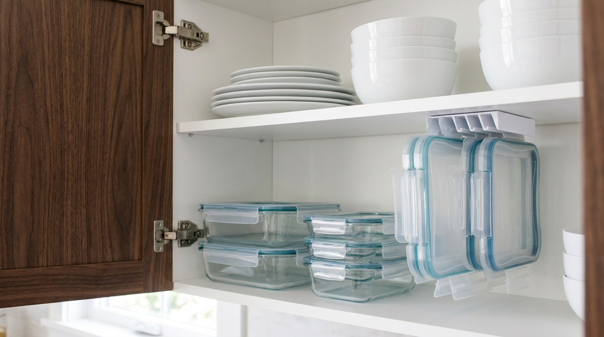 Glass food-storage containers and lids stored neatly with LidLoft organizers in a white kitchen cabinet