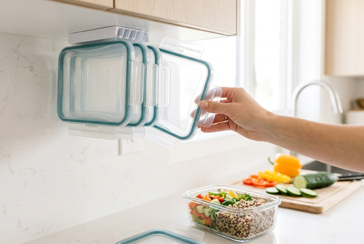 Food-storage container lids standing upright and separated in a LidLoft under-shelf organizer