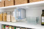 LidLoft 10-Slot under-shelf organizer with food-storage container lids filed upright