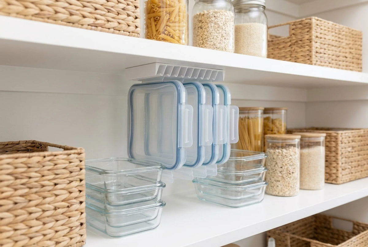 LidLoft under-shelf lid organizer in matte white holding food-storage container lids