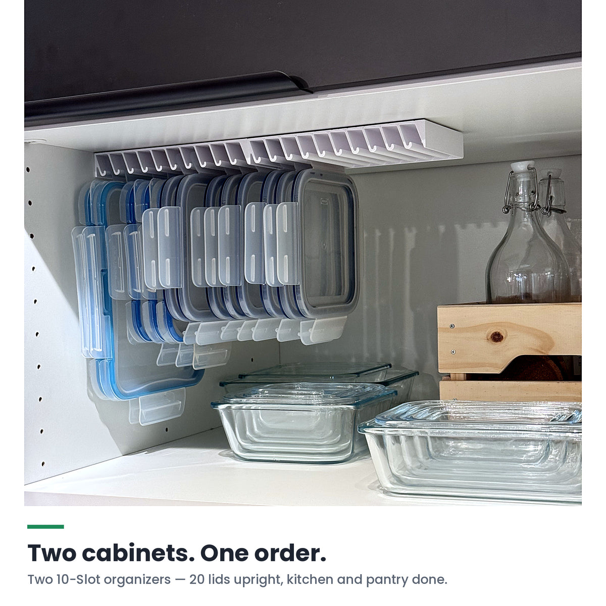Two LidLoft 10-Slot organizers mounted side by side under a cabinet shelf holding 20 lids upright — two cabinets, one order