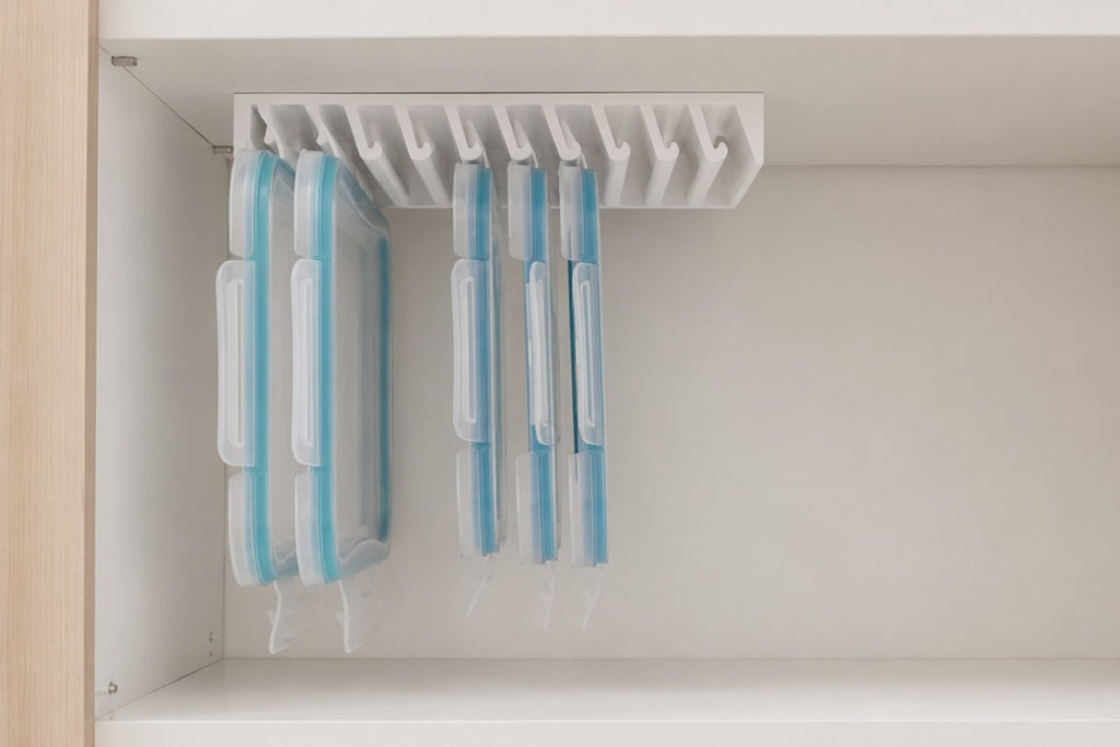 A hand slides one food-storage lid out of the LidLoft 10-Slot under-shelf organizer — grab and go