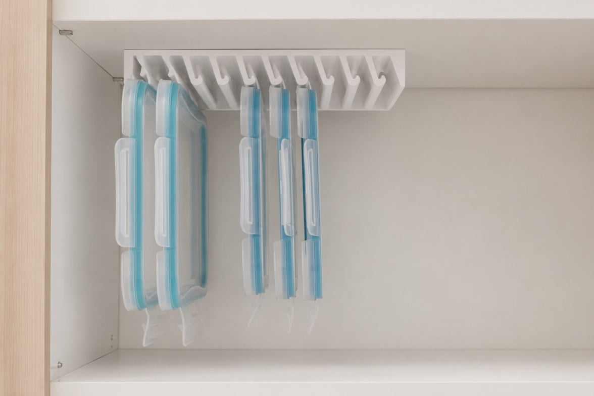 A hand slides one food-storage lid out of the LidLoft 10-Slot under-shelf organizer — grab and go